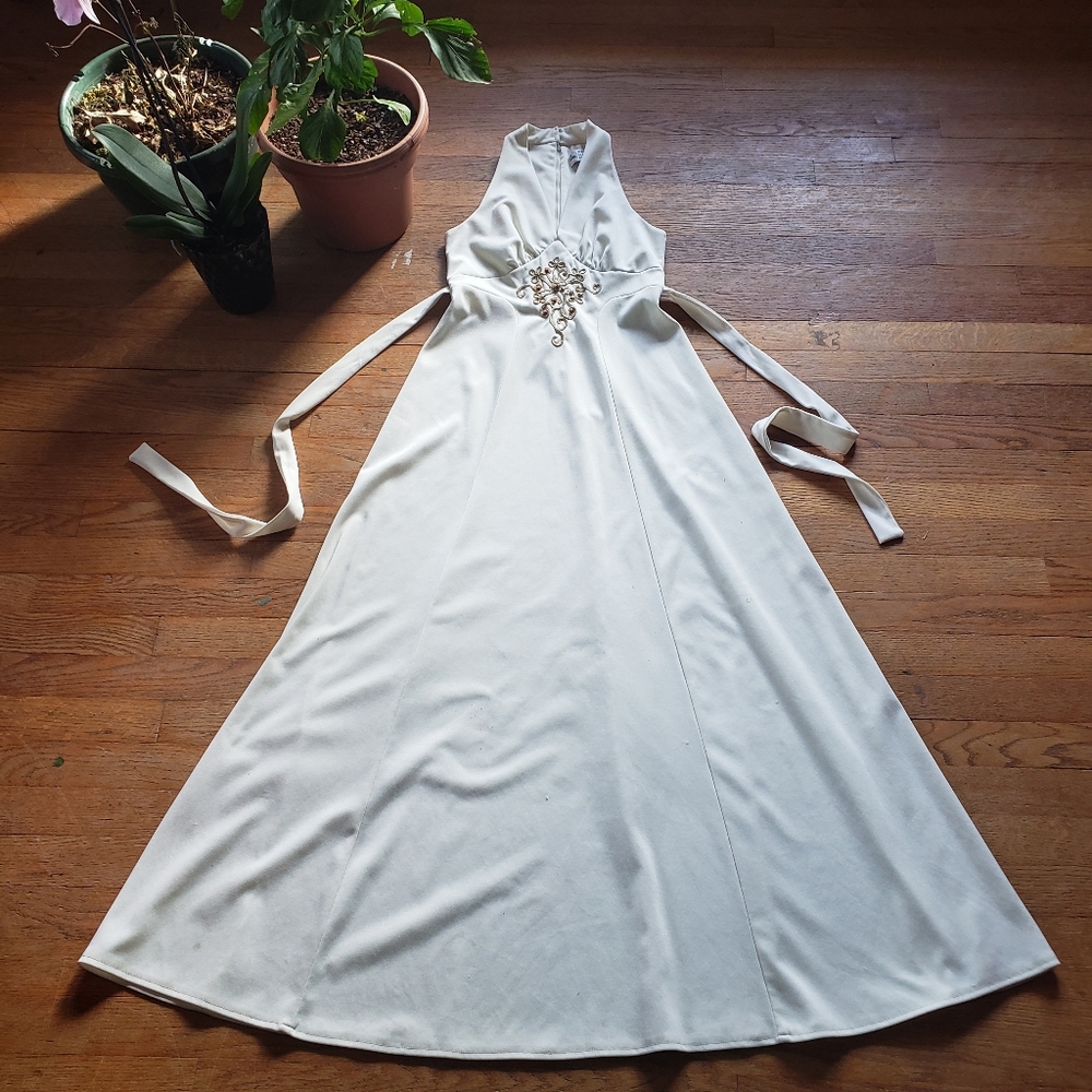 Vintage 70s Off-White Bearded Small v-neck halter fit empire waist maxi Dress S